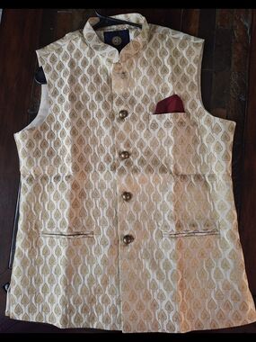 Kisah Ivory Gold Brocade Nehru Vest with Burgundy Pocket Square